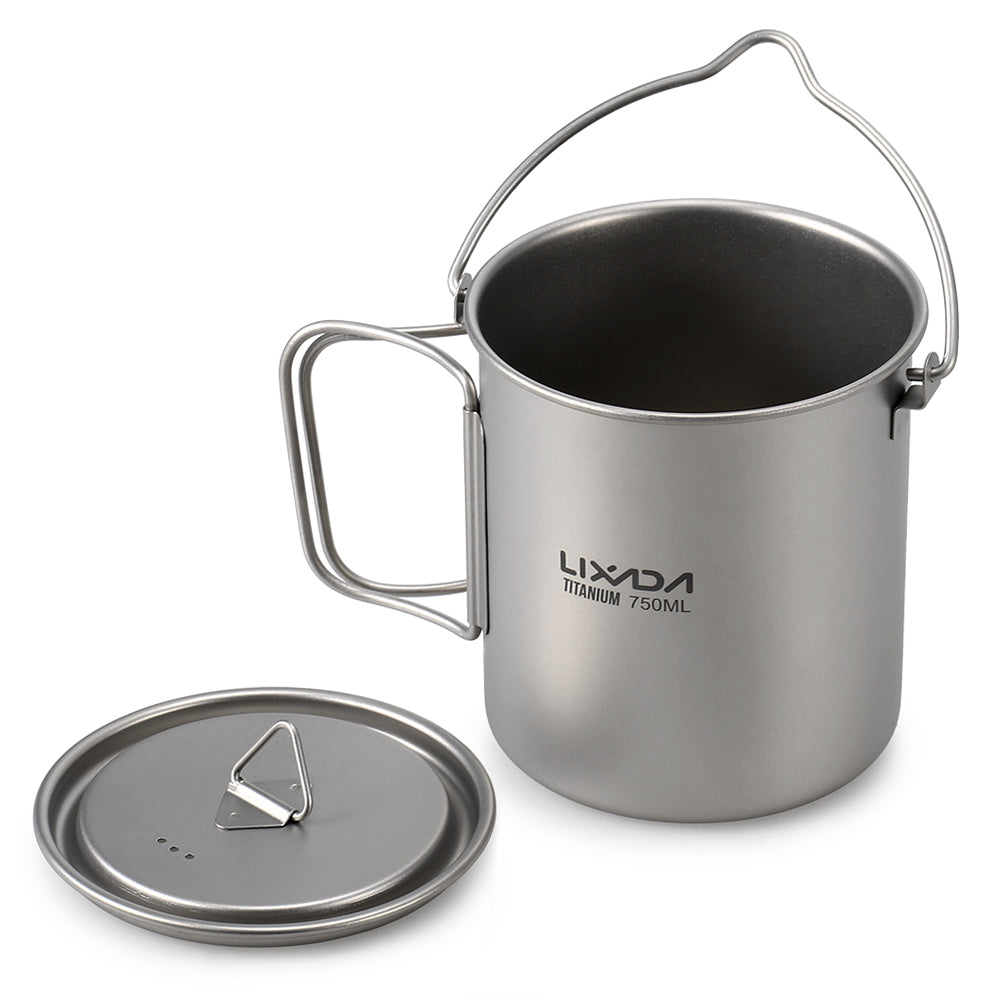 Lixada Ultralight 750ml Titanium Pot Portable Titanium Mug Cup with Lid and Foldable Handle Outdoor Camping Cooking Picnic