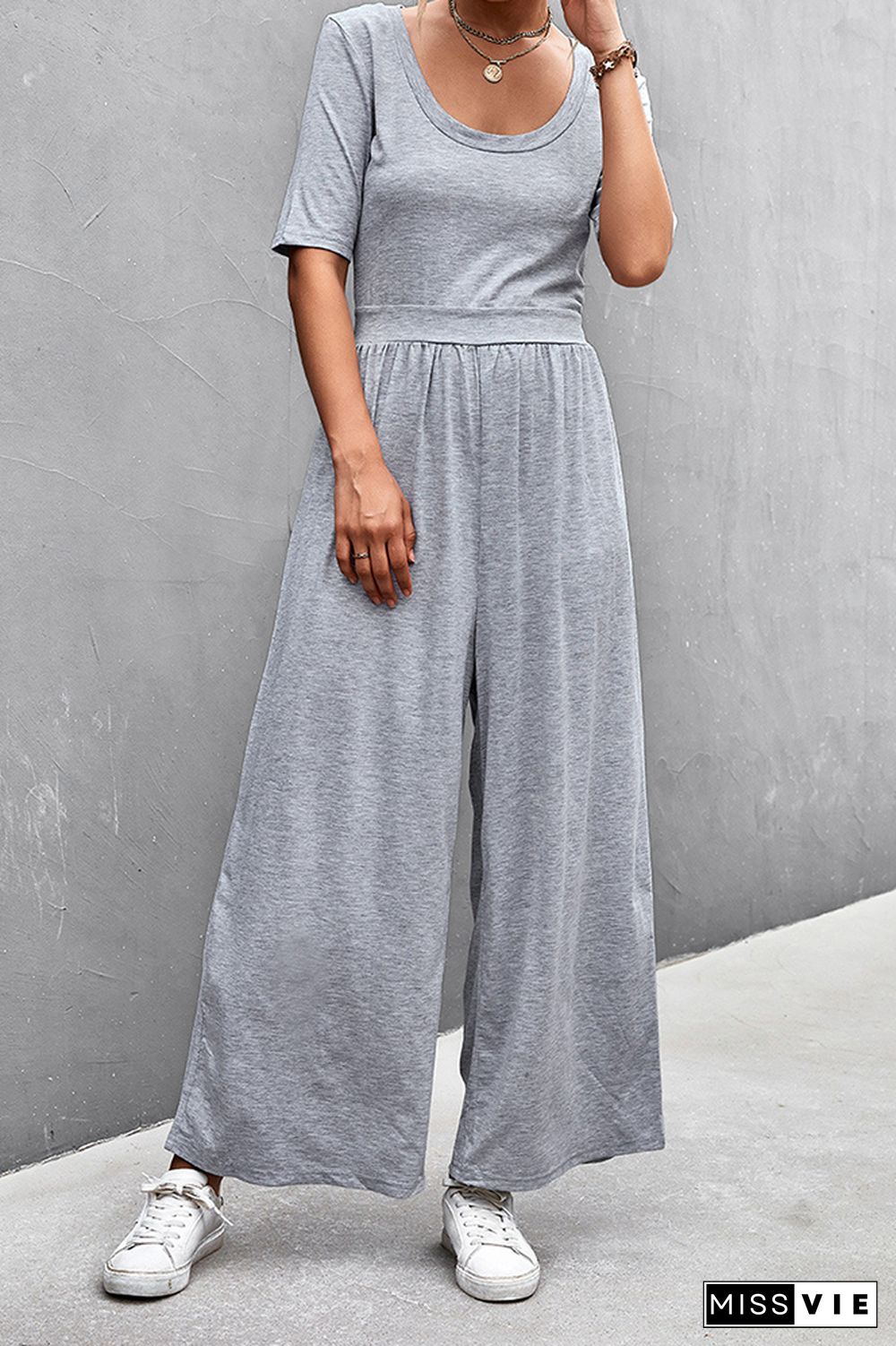 Solid Color Short Sleeve Wide Leg Jumpsuit Wholesale