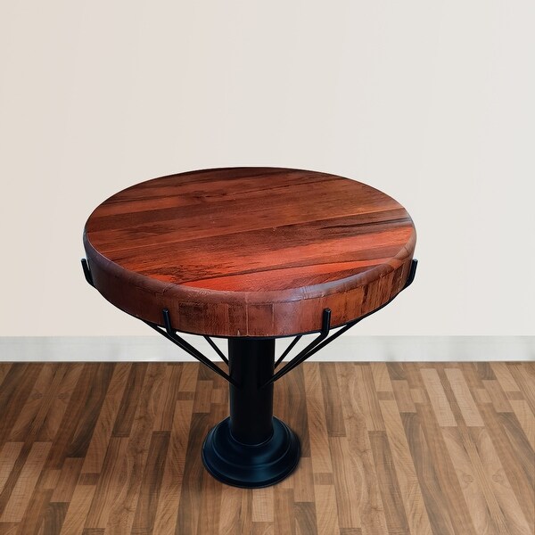 26 Inch Handcrafted Round Side End Table， Thick Mango Wood Top， Black Iron Pedestal Base