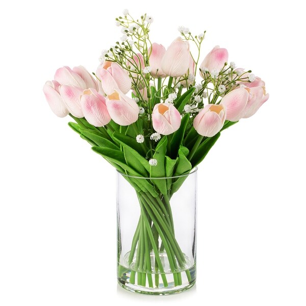 Enova Home 18 Mixed Artificial Real Touch Tulip Flower Arrangement in Clear Glass Vase with Faux Water for Home Decoration