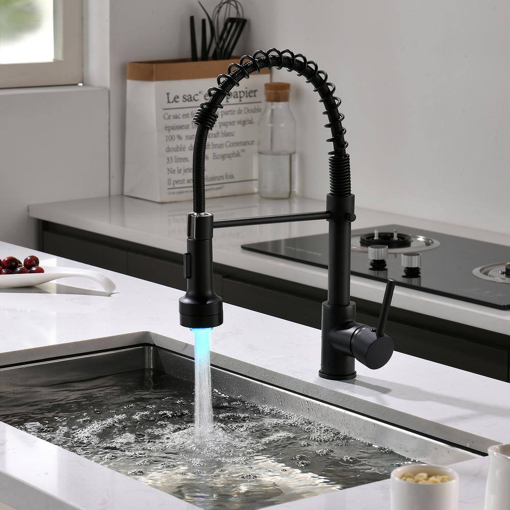 Boyel Living Stainless Steel Faucet Black Single-Handle Faucet Pull-Down Sprayer Kitchen Faucet BM289B-LED-45