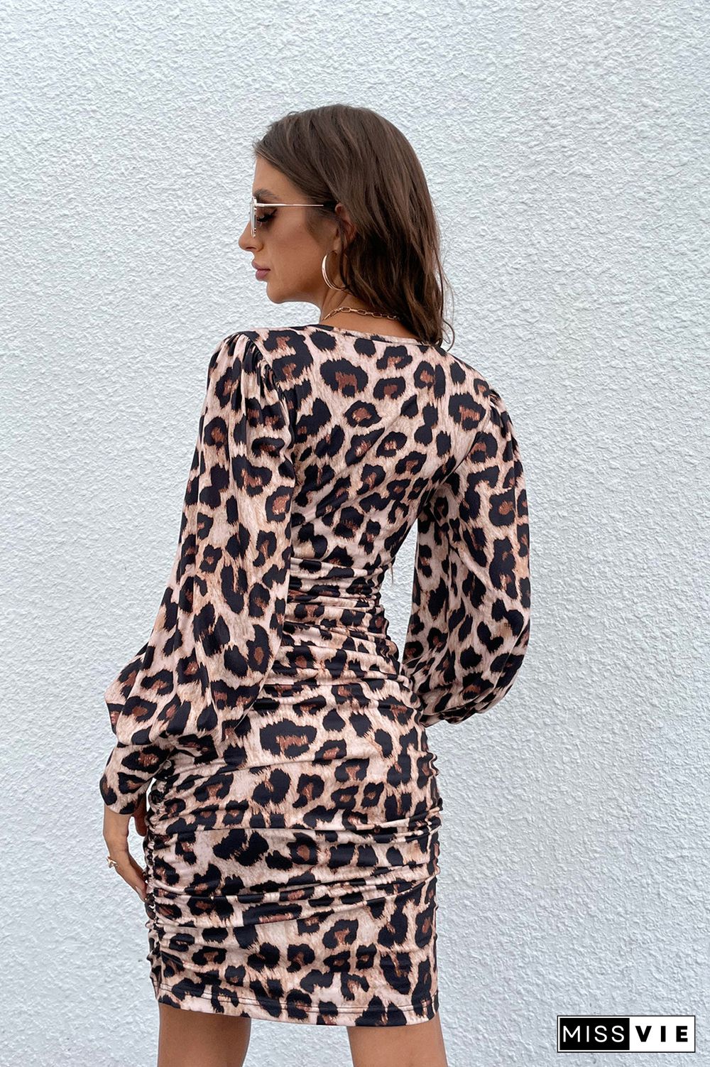 Leopard Print V Neck Button Down Bodycon Dress