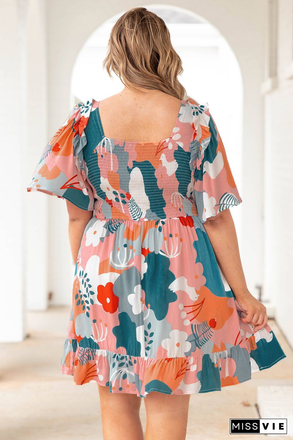 Multicolor Plus Size Shirred Mixed Print Ruffle Dress