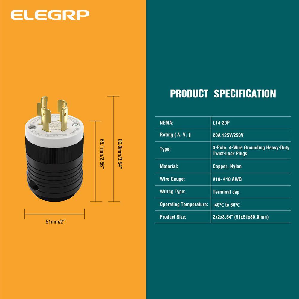 ELEGRP 20 Amp 125250-Volt NEMA L14-20P Locking Plug Industrial Grade Grounding Heavy-Duty BlackWhite L1420P