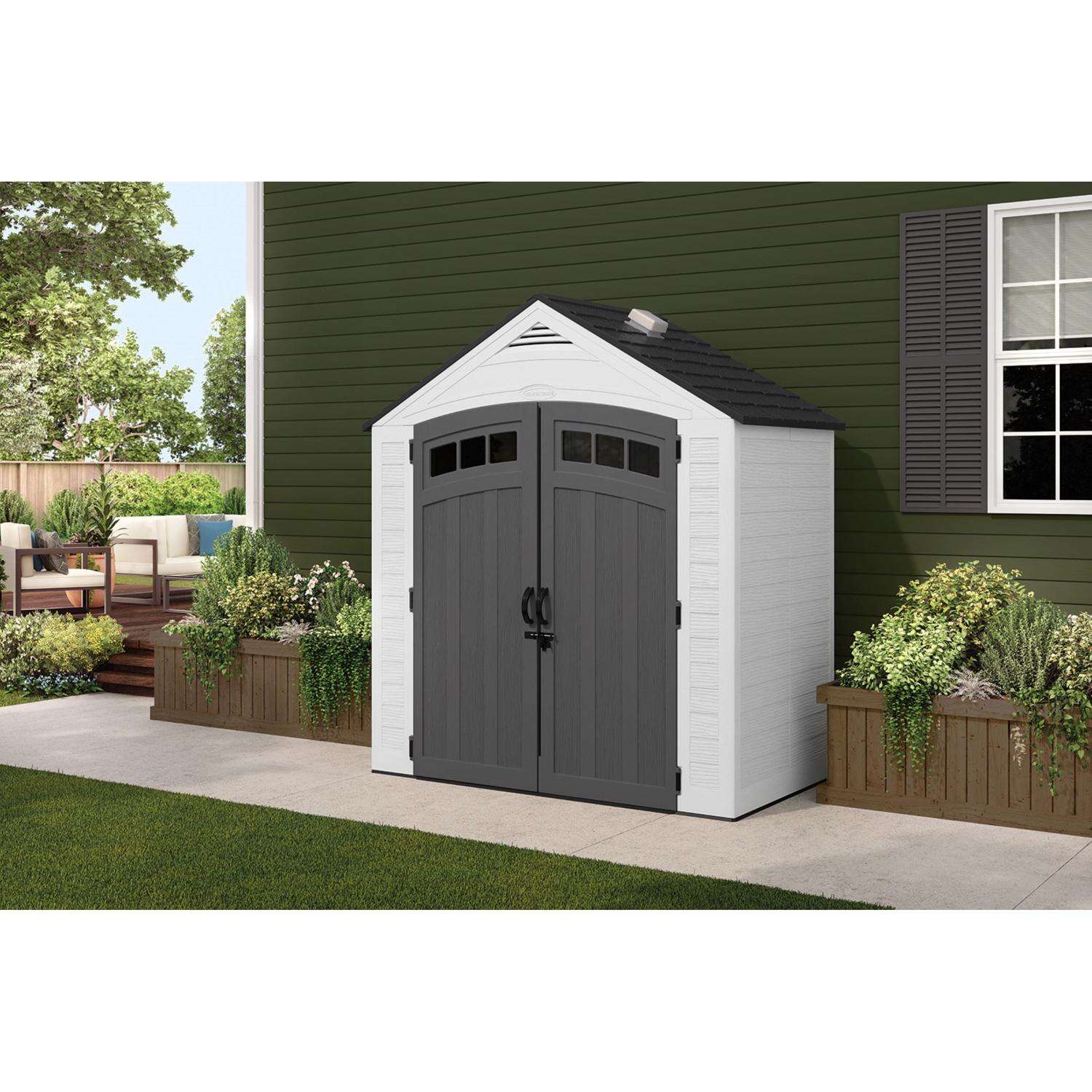 Suncast Vista 7 ft. x 4 ft. Resin Vertical Peak Storage Shed with Floor Kit