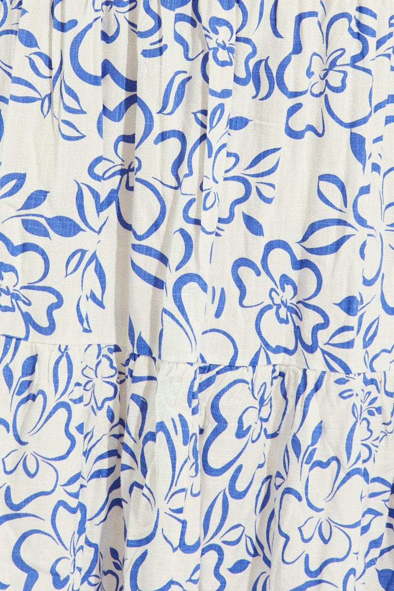Blue Abstract Maxidress Shirred Back Tiered