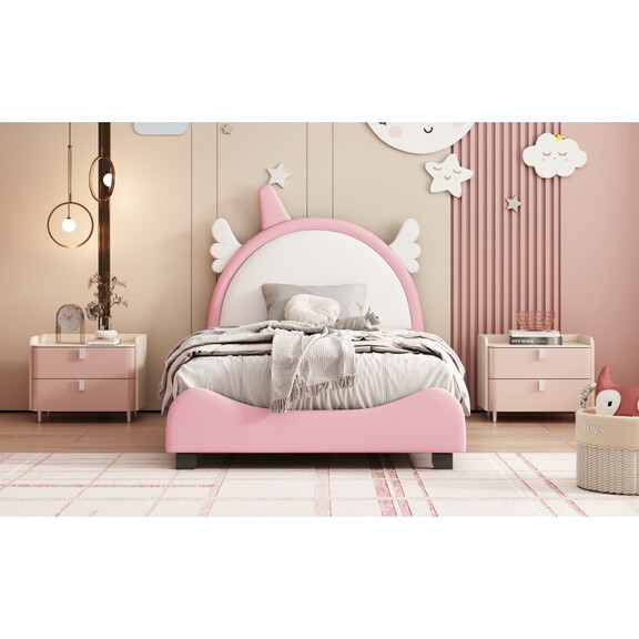 Twin Size Upholstered Platform Bed with Bear shape...