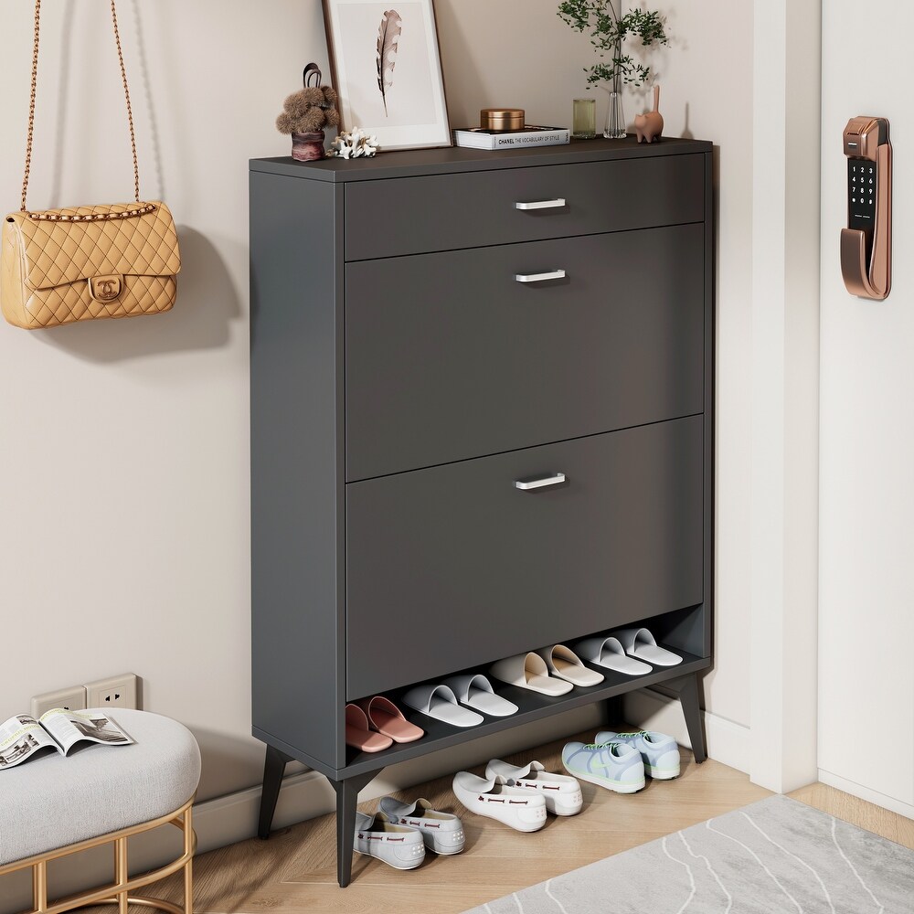 Contemporary Shoe Cabinet with 2 Flip Drawers  2 Tier Shoe Storage Organizer with Drawers  Free Standing Shoe Rack for Entrance