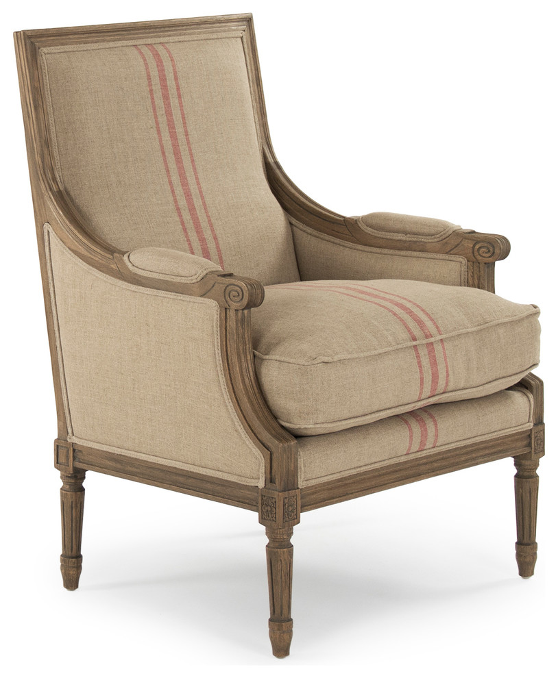 Louis Club Chair  English Khaki Linen With Red Stripe   Farmhouse   Armchairs And Accent Chairs   by HedgeApple  Houzz