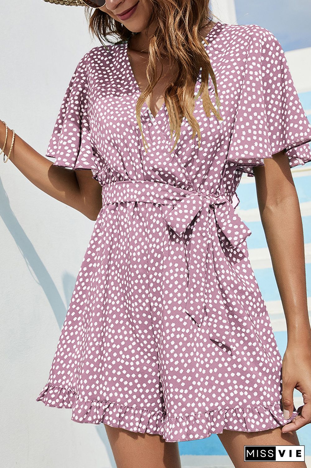 Polka Dot V Neck Waist Tie Ruffle Romper