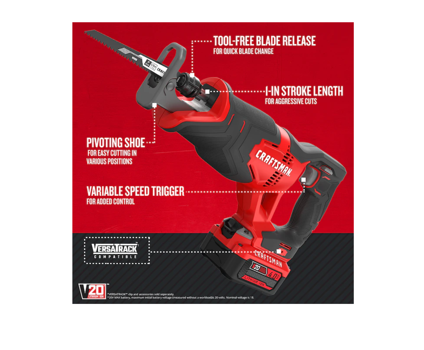 CRAFTSMAN CMCS300M1 V20 20-volt Max Variable Speed Cordless Reciprocating Saw (Charger Included and Battery Included)