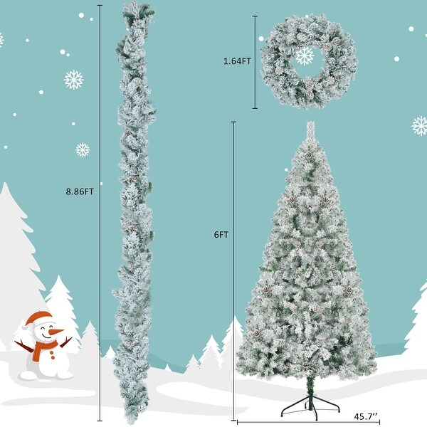 6FT PreLit Flocked Christmas Tree Set，Xmas Tree，Garland and Wreath，Artificial Hinged Xmas Tree with Colorful LED Lights