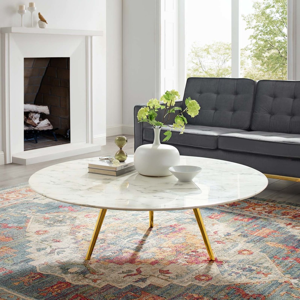 Lippa 47 quotRound Artificial Marble Coffee Table With Tripod Base  Gold White   Midcentury   Coffee Tables   by Homesquare  Houzz