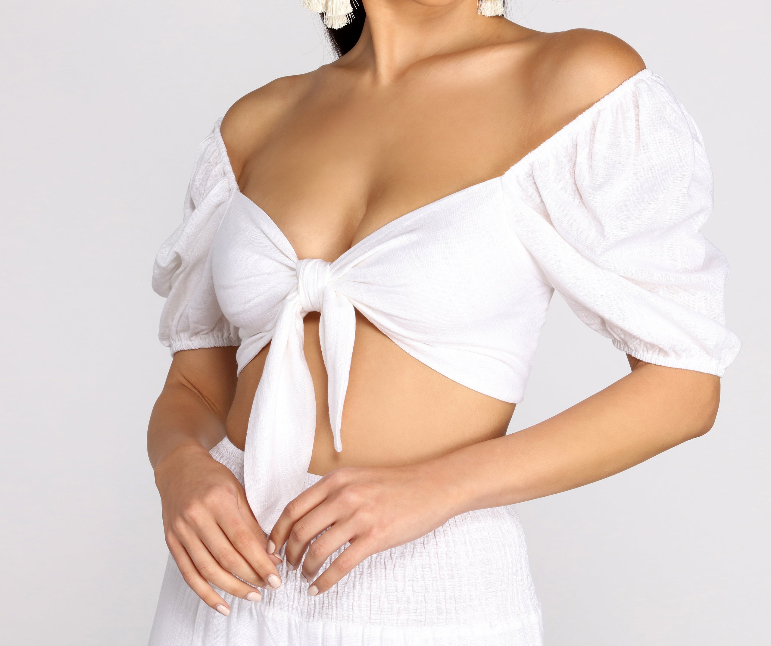 Time Off Puff Sleeve Linen Crop Top