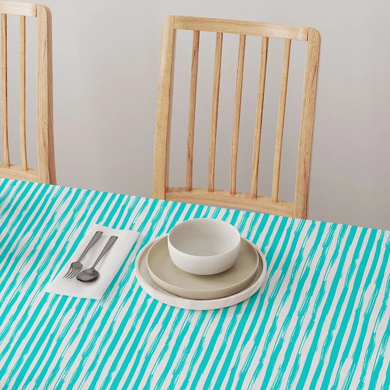 Square Tablecloth， 100% Cotton， 60x60， Aqua Summer Stripe