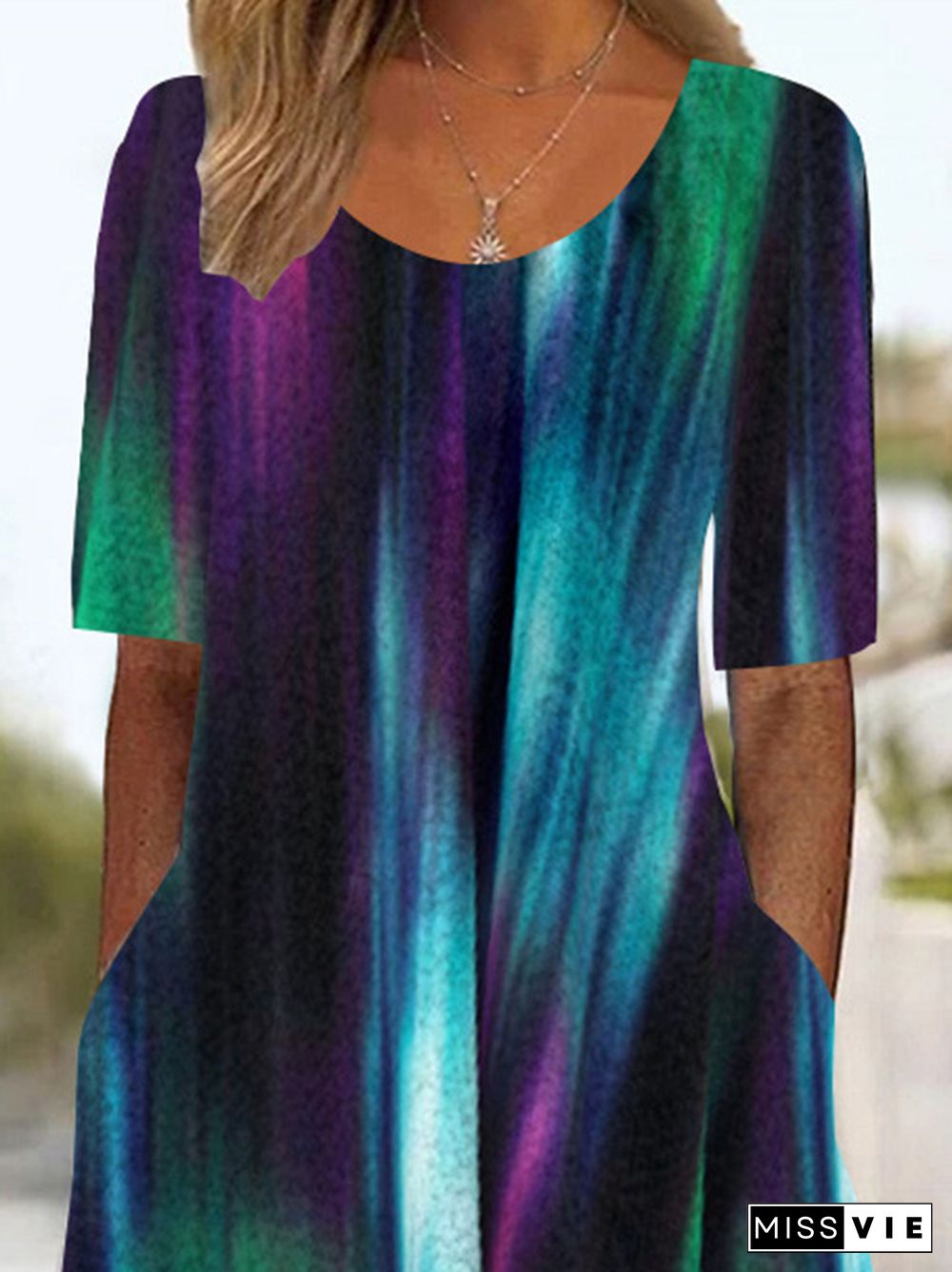 Women's Colorful Scoop Neck Short Sleeve Graphic Midi Dress