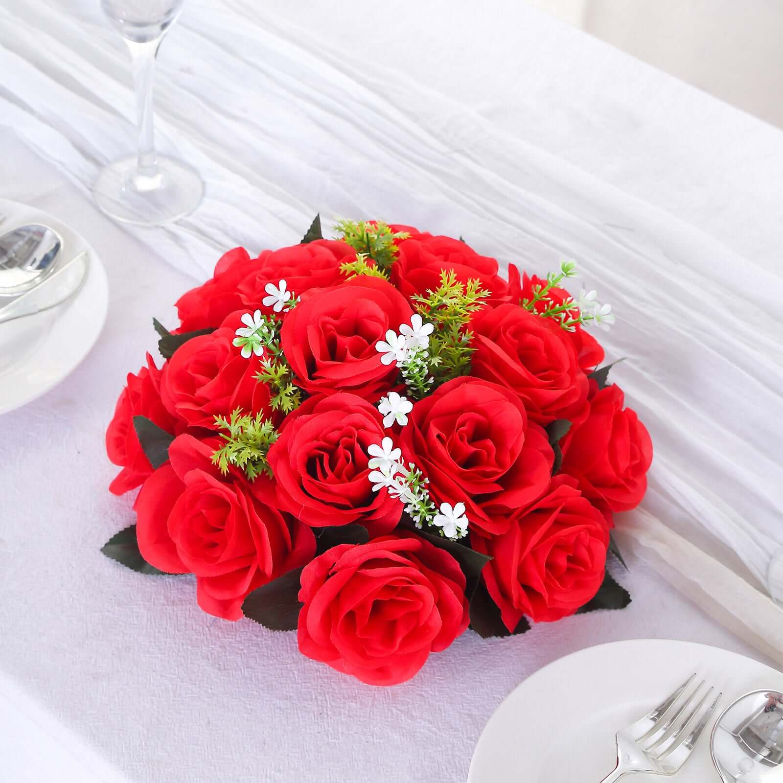 2 Pack Red Artificial Flower Ball Bouquets For Centerpieces, 15-Head Silk Rose Kissing Balls 10