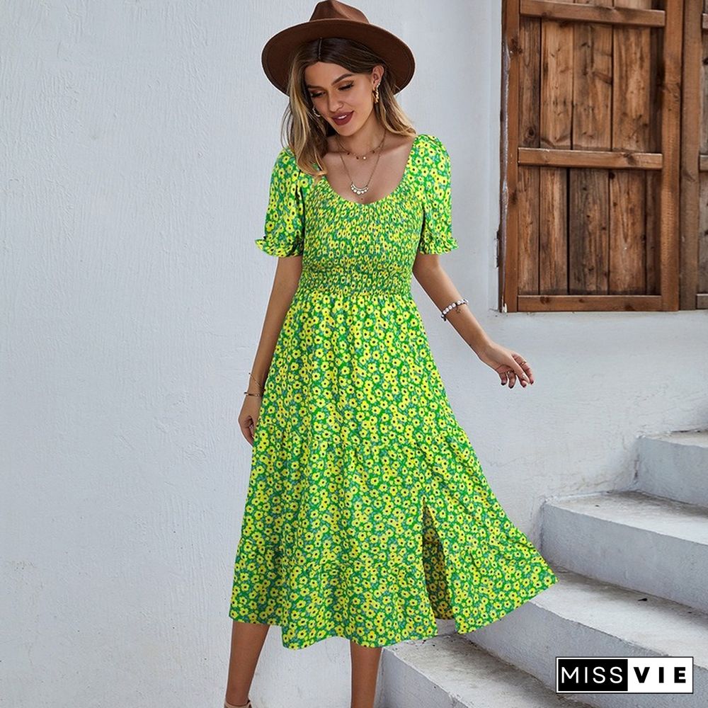 Vintage Floral Print Sexy Hem Split Dresses Women Summer Dress New Boho Folds Elastic Swing Short Puff Sleeve Dress