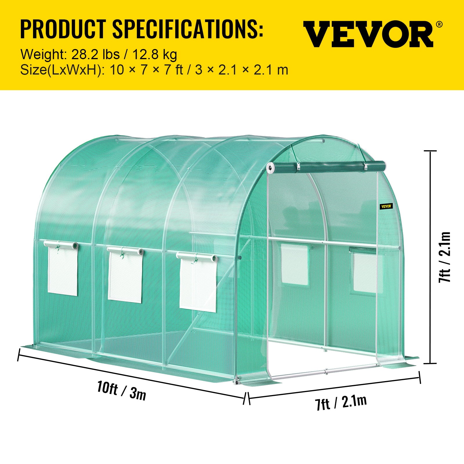 VEVORbrand Walk-in Tunnel Greenhouse, 10 x 7 x 7 ft Portable Plant Hot House w/ Galvanized Steel Hoops, 1 Top Beam, Diagonal Poles, Zippered Door & 6 Roll-up Windows, Green