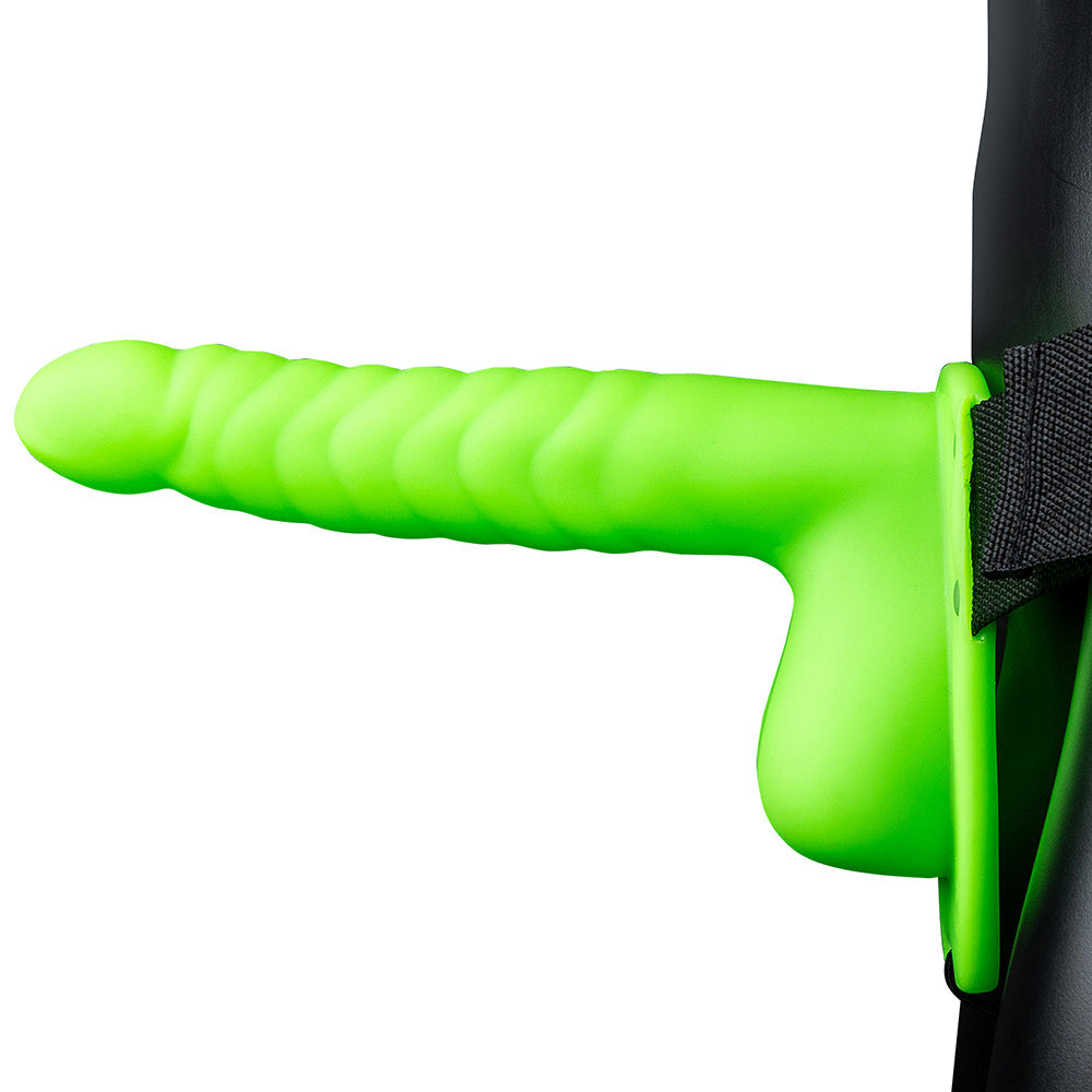 Ouch! Ribbed 8 Inch Hollow Ballsy Strap-On in Glowing Green