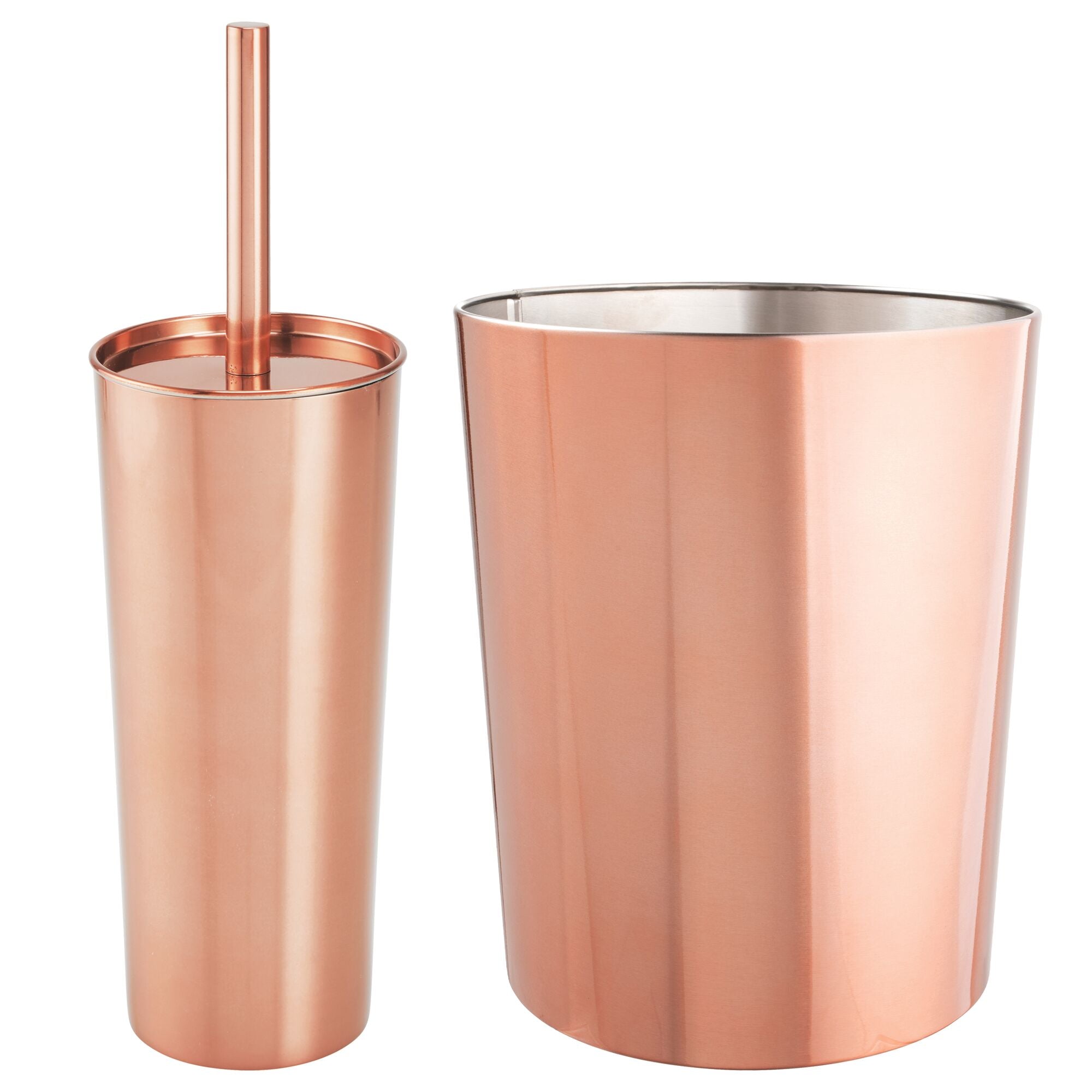 mDesign Round Metal Modern Compact Freestanding Plastic Toilet Bowl Brush and Round Wastebasket Garbage Can Combo Set for Bathroom Storage - Sturdy， Deep Cleaning - Set of 2 - Rose Gold