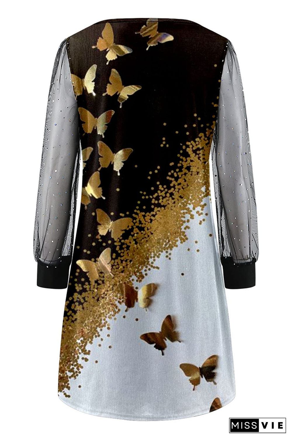 Printed Puffy Sleeves Bling Sheer Sleeves Dress