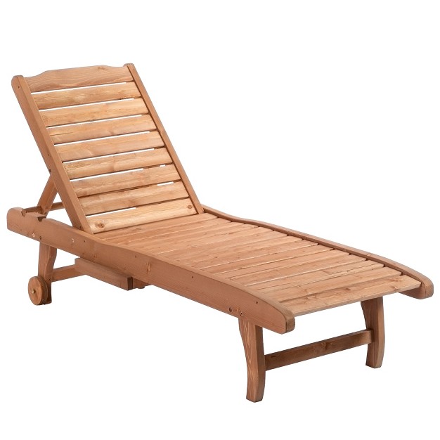 Outsunny Outdoor Chaise Lounge Pool Chair Built in Table Reclining Backrest For Sun Tanning sunbathing Rolling Wheels Red Wood Look