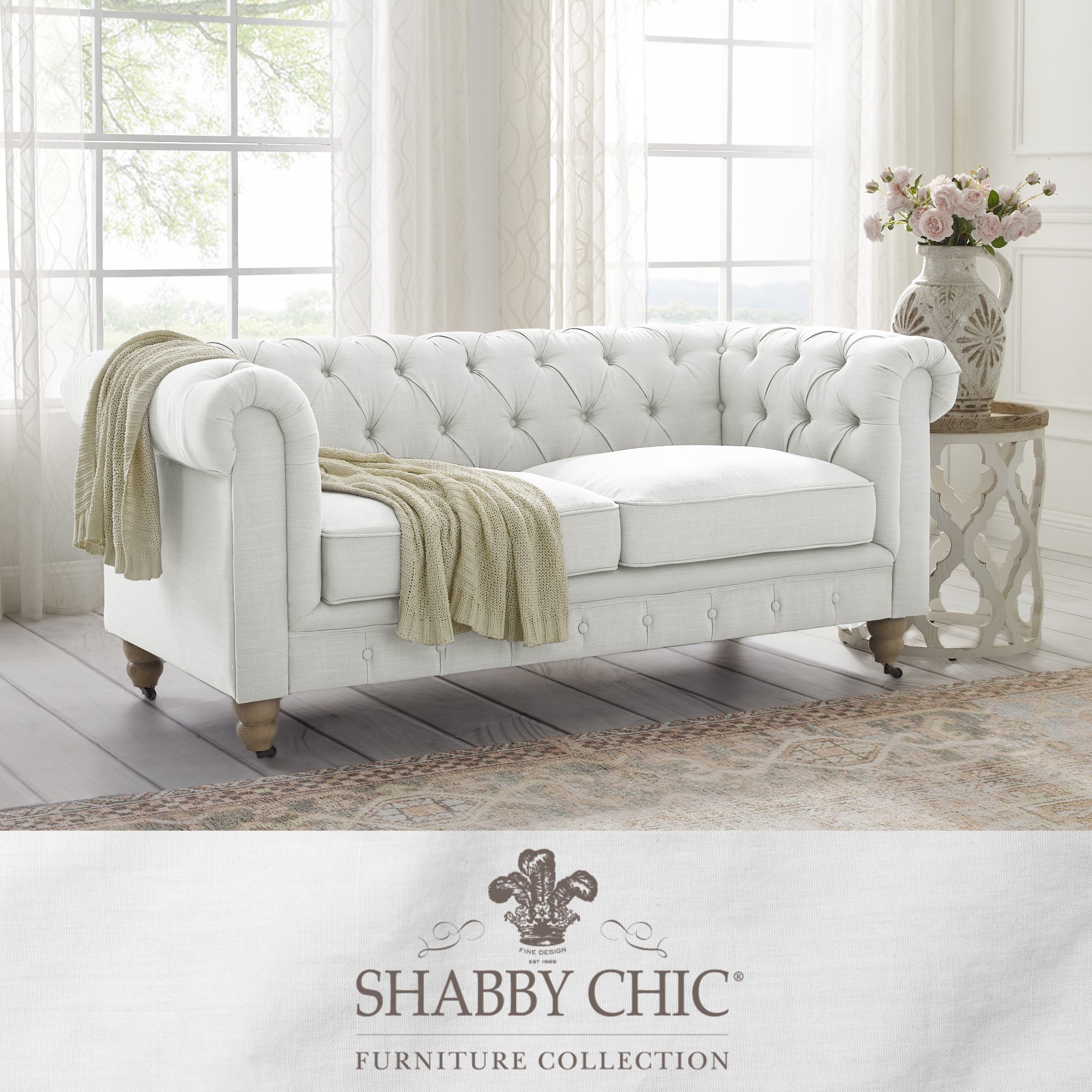 Shabby Chic Audriana Button Tufted Loveseat Linen Sofa With Casters, Cream White 71 x 33.5 x 30.4