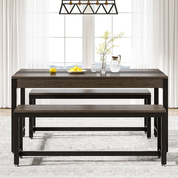 3 Piece Industrial Dining Table Set with Bench and Sided Drawer for Kitchen