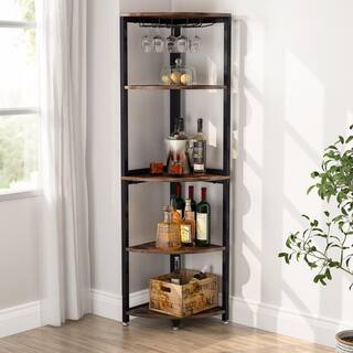 BYBLIGHT Eulas 63 in. Brown 5-Tier Corner Shelf Tall Corner Bookshelf Small Bookcase with Wine Glass Holder BB-JW0249XF