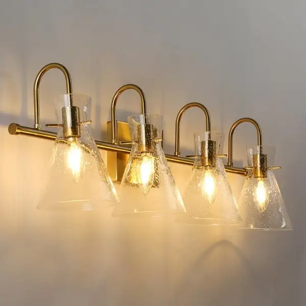 Liniya 4-light Modern Large Size 29'' Bathroom Vanity Light Brass Gold with Horn Seeded Glass