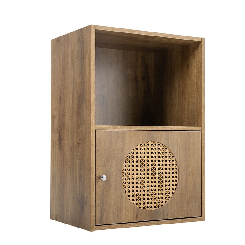 Grondin Boho Style Accent Floor Storage Cabinet with Rattan Doors  Bathroom Linen Cabinet with Open Storage for Home Office