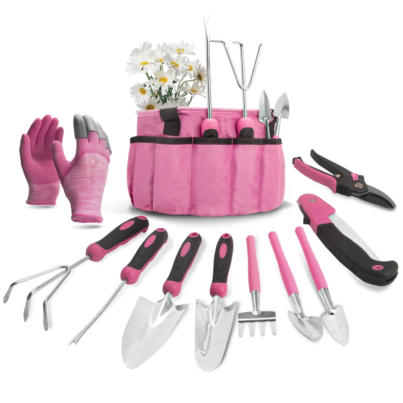 Top Sale 11pcs Stainless Steel Pink  Gardening Hand Tool Set  with Oxford Bag for Women  Pink garden tool set