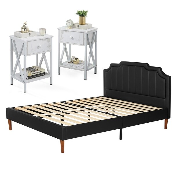 Taomika 3-Pieces Faux Leather Upholstered Platform Bed and Nightstands Sets - - 34844819