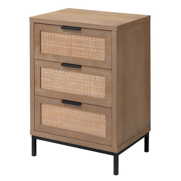 Side Table with Woven Rattan Front Drawers， Brown