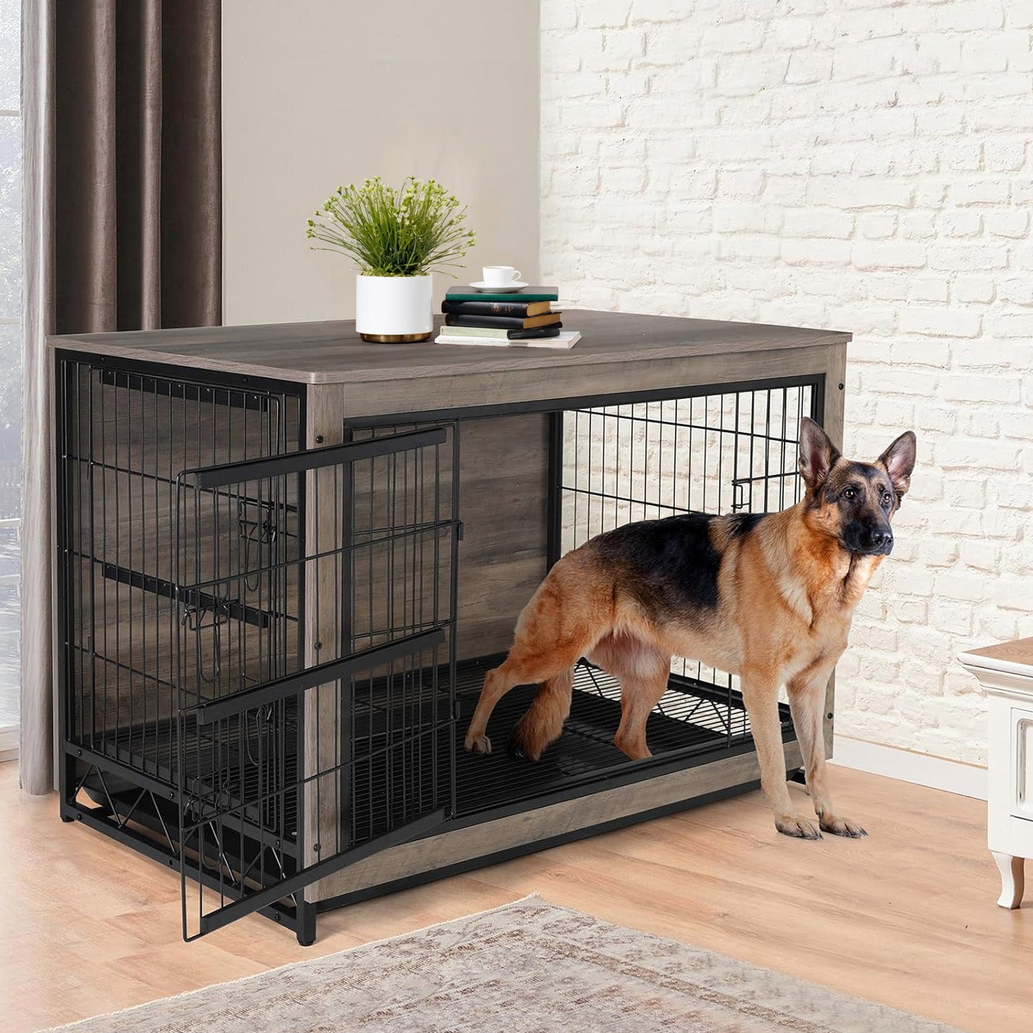 Dog Crate Furniture 44-inch Side End Table, Dog Cage with Pull-Out Removable Tray for Large Pets