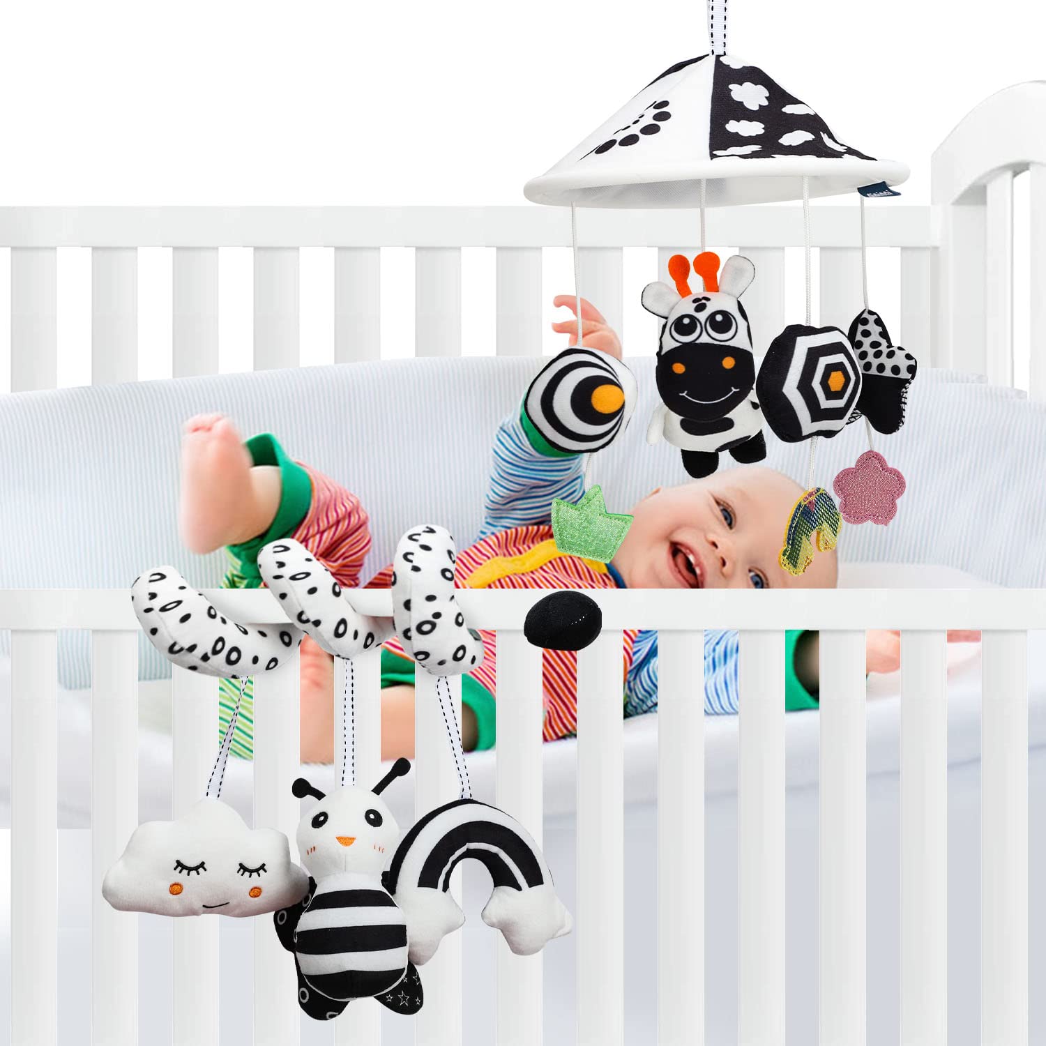 TOY Life 2 Pack Hanging Baby Toys 0-6 Months, Car Seat Toys for Babies 0-6 Months, Crib Toys Hanging Newborn Toys Black and White Hanging Stroller Activity Toy for Babies, Infant Carseat Toys