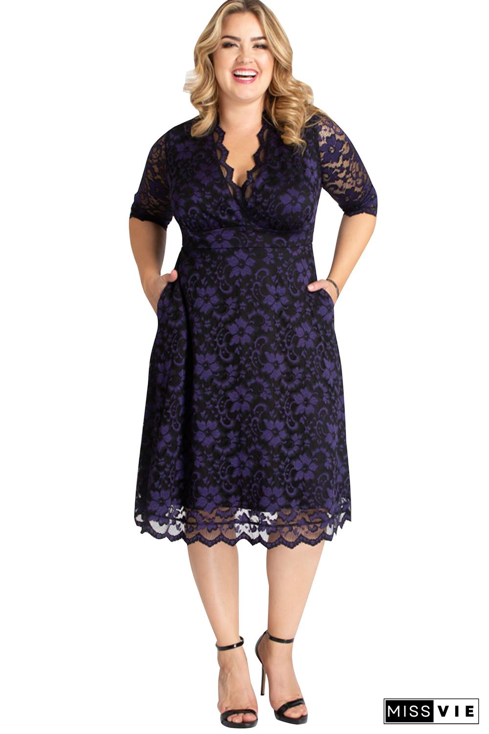 Blue Plus Size Half Sleeve Lined Lace Midi Dress