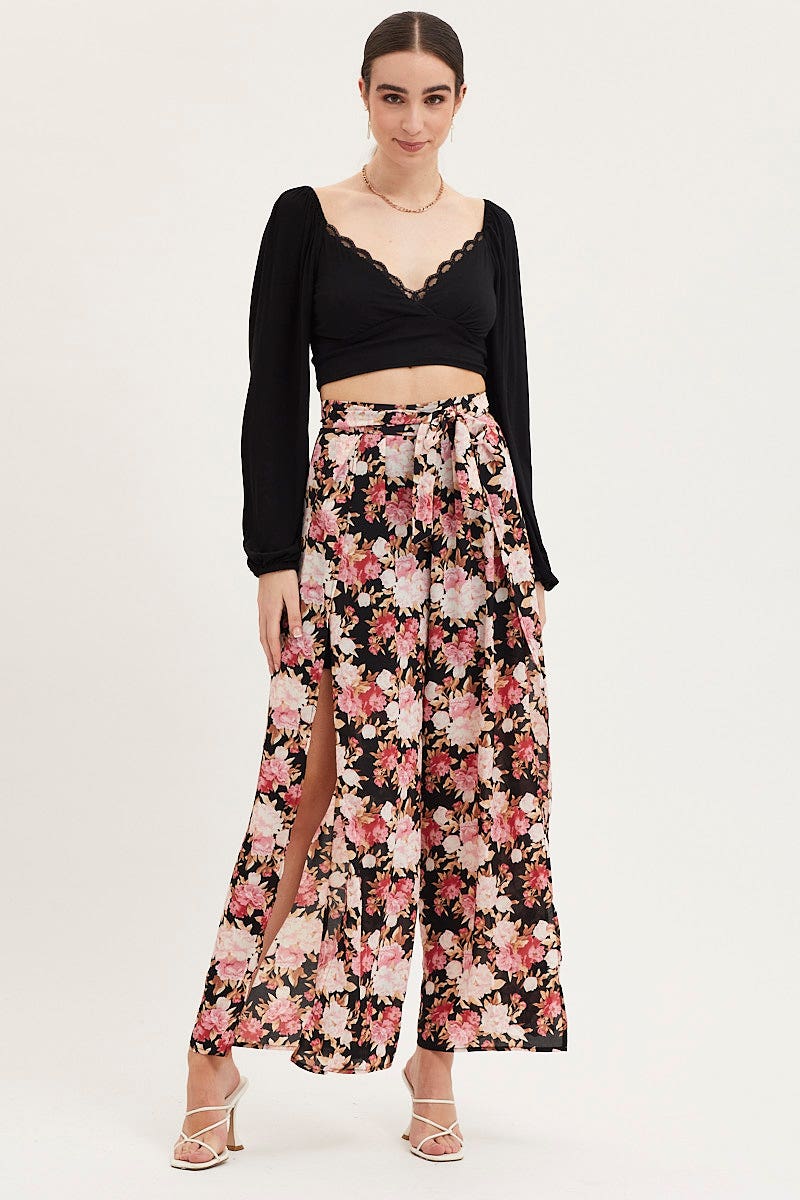 Print Wide Leg Pants High Rise Front Split