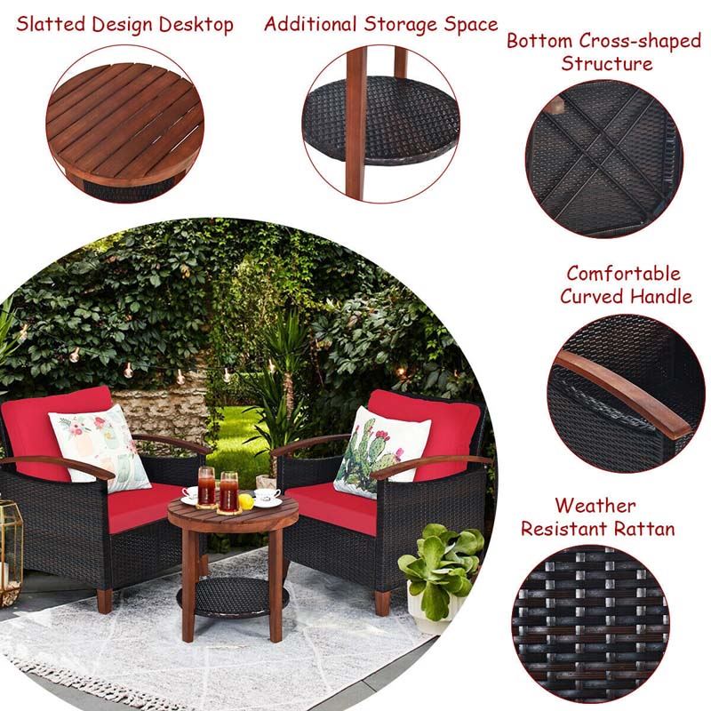 3 Pcs Patio Furniture Set Outdoor Rattan Sofa & Side Table Conversation Bistro Set with Acacia Wood Frame