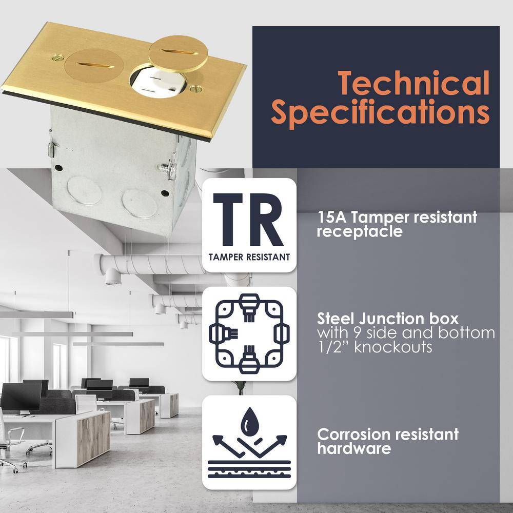 NEWHOUSE ELECTRIC Floor Box Kit with Screw Caps Electrical Box for Wood Sub-Flooring with 15A TR Duplex Receptacle Brass 9800BR