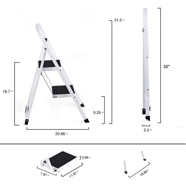 Delxo Non slip 2 Step Stool Folding Sturdy Steel Wide Step Ladder With Hand Grip And Locking Mechanism For Indoor Household Kitchens White