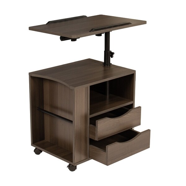 Height Adjustable Overbed End Table Wooden Nightstand with Swivel Top， Storage Drawers， Wheels and Open Shel - - 37955956