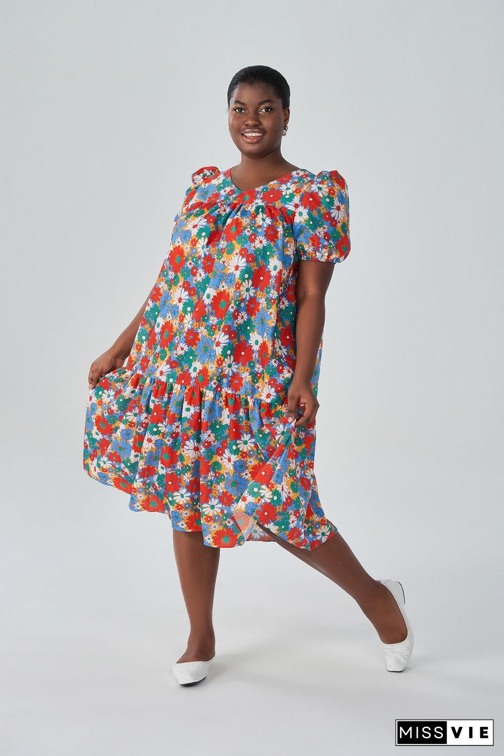 Floral Print Round-neck Midi Dress P11904