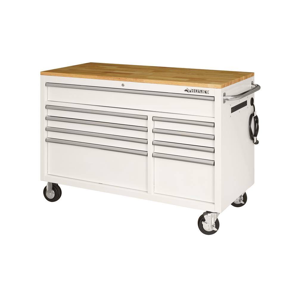 Husky 52 in. W x 25 in. D Standard Duty 9-Drawer Mobile Workbench Tool Chest with Solid Wood Top in Gloss White HOTC5209BJ1M