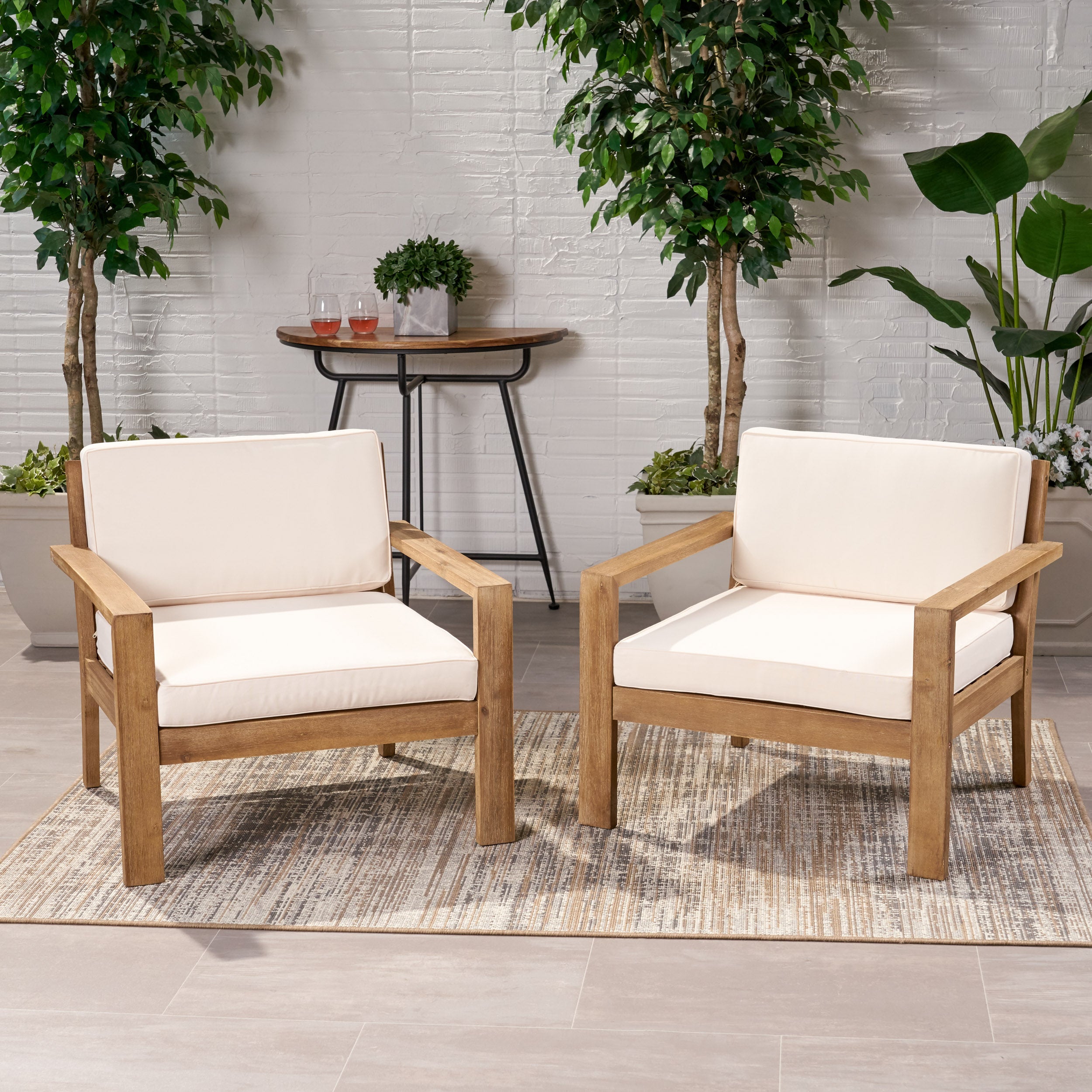 Miranda Outdoor Acacia Wood Club Chairs with Cushions (Set of 2)