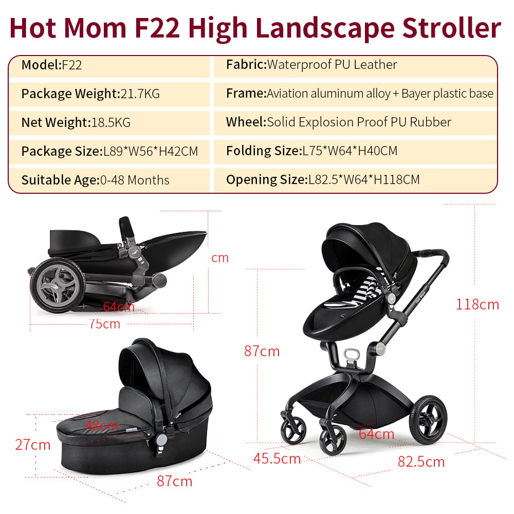 Hot Mom Baby Stroller with Adjustable Seat Height,Reversible Luxury PU Leather Travel System,Black