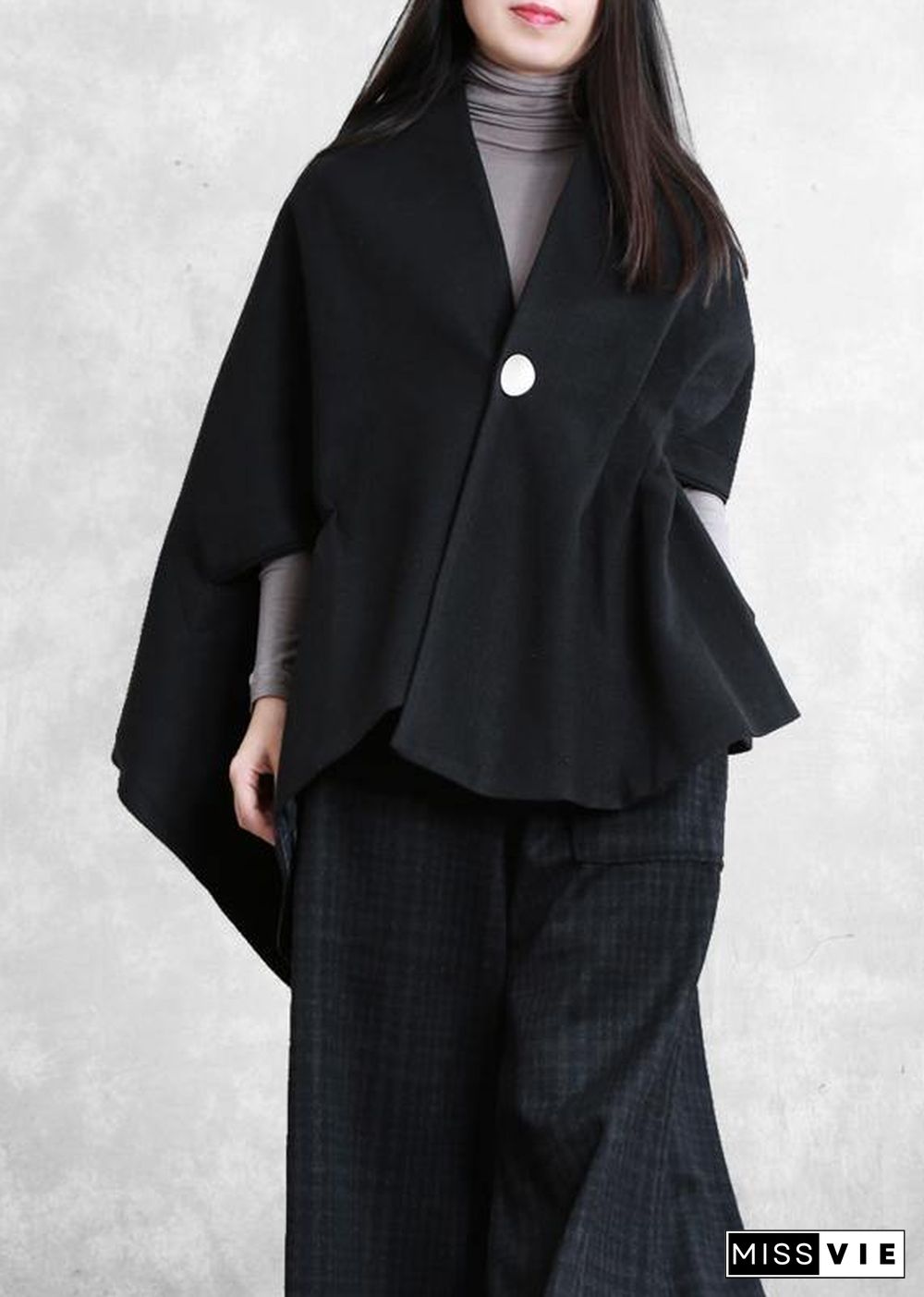 Loose black wool Blouse v neck short asymmetric shirt