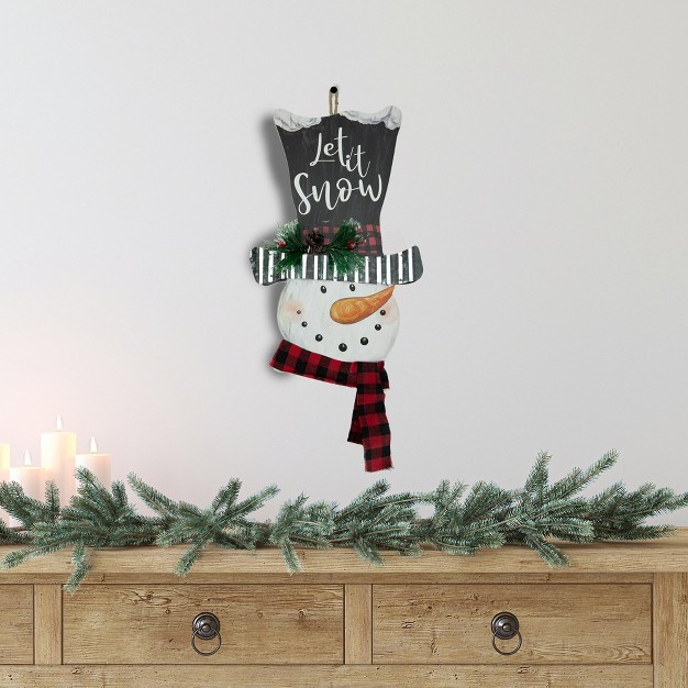 Wooden x27 let It Snow x27 Snowman With Plaid Scarf Christmas Wall Sign