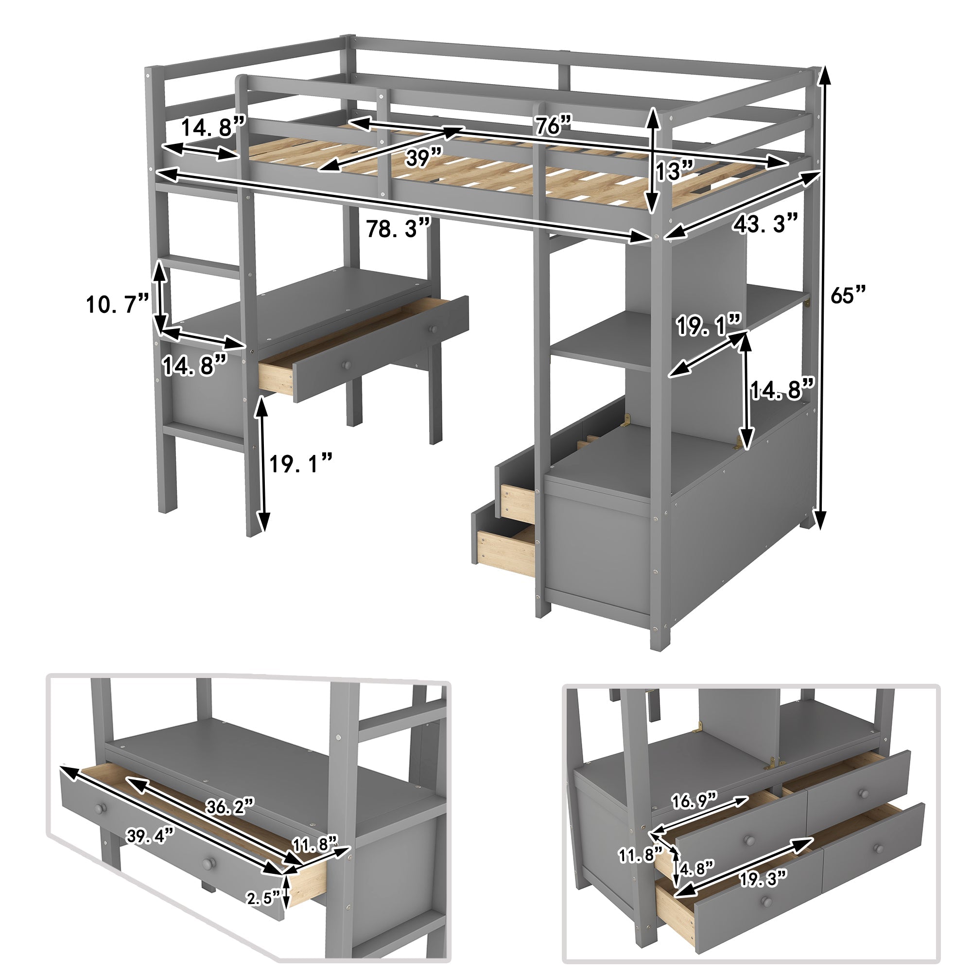 Twin Size Wood Loft Bed with Desk, Drawers and Shelf for Kids Room, Gray